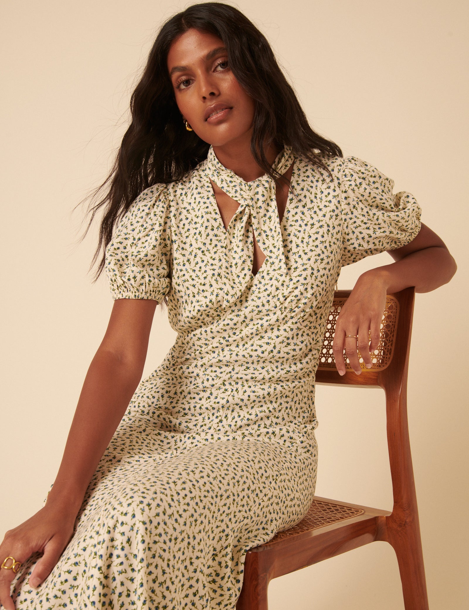 Cream Ditsy Floral Tie Neck Sadie Midi Dress Cream Ditsy Floral Tie Neck Sadie Midi Dress