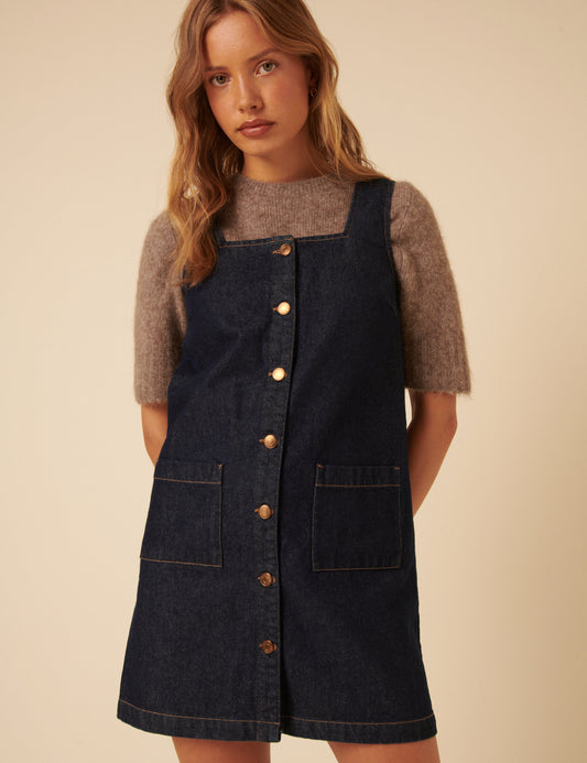 Dark Blue Denim Danni Pinafore Mini Dress Dark Blue Denim Danni Pinafore Mini Dress