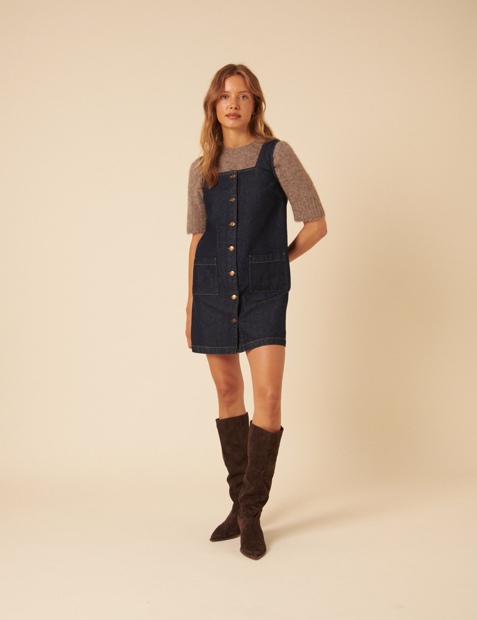 Dark Blue Denim Danni Pinafore Mini Dress Dark Blue Denim Danni Pinafore Mini Dress