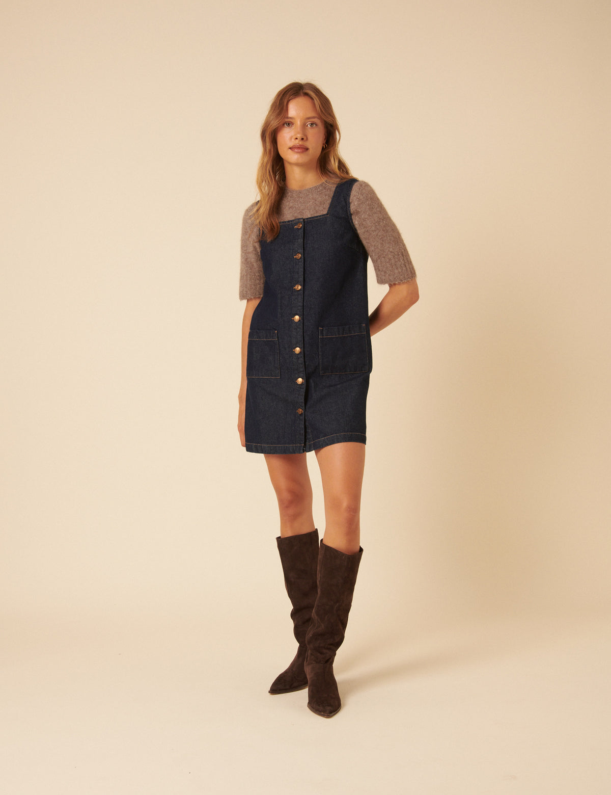 Dark Denim Button Front Danni Pinafore Mini Dress
