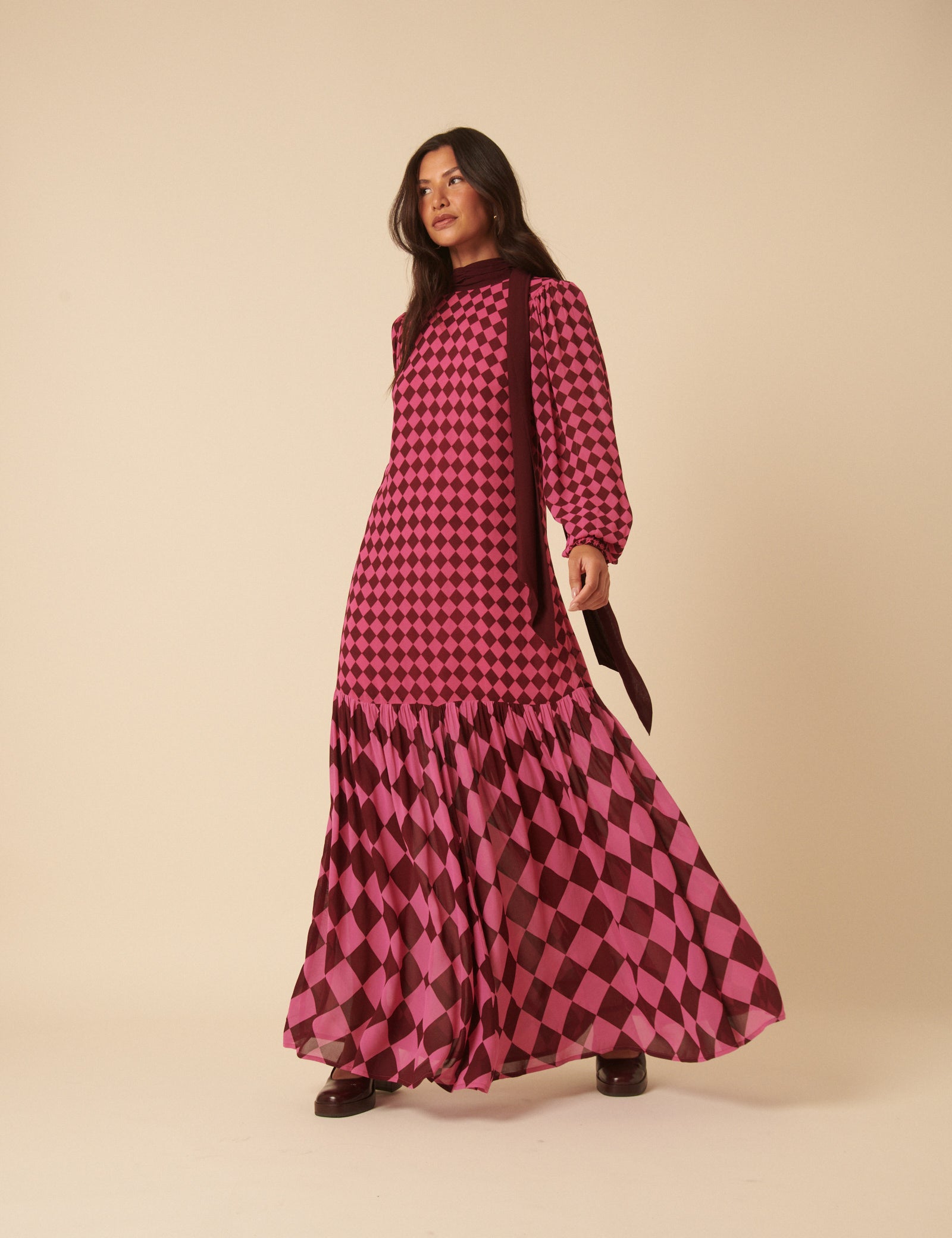 NC x Lisou Burgundy and Pink Printed Scarf Tiered Maxi Dress