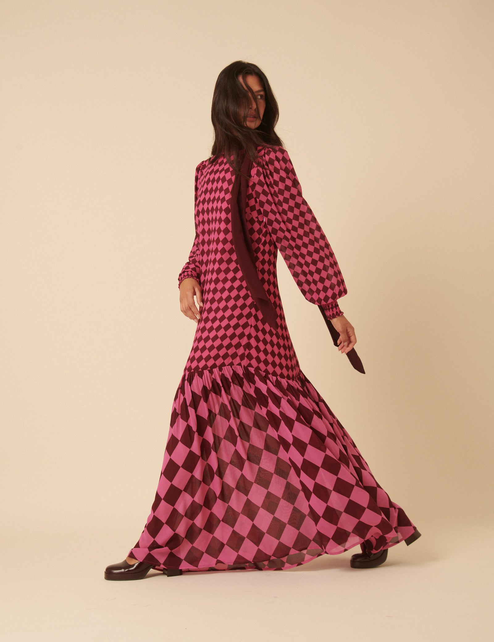 NC x Lisou Burgundy and Pink Printed Scarf Tiered Maxi Dress NC x Lisou Burgundy and Pink Printed Scarf Tiered Maxi Dress