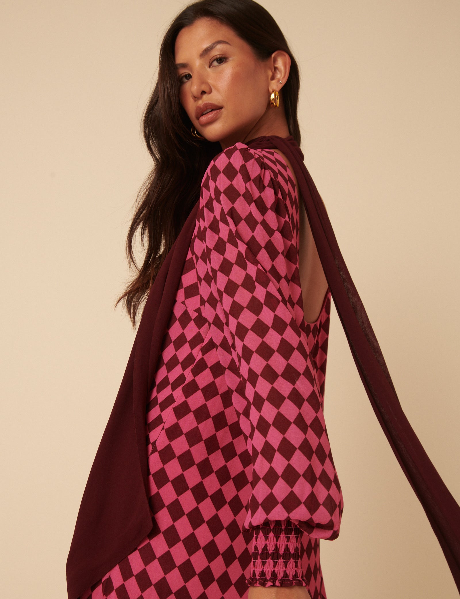NC x Lisou Burgundy and Pink Printed Scarf Tiered Maxi Dress