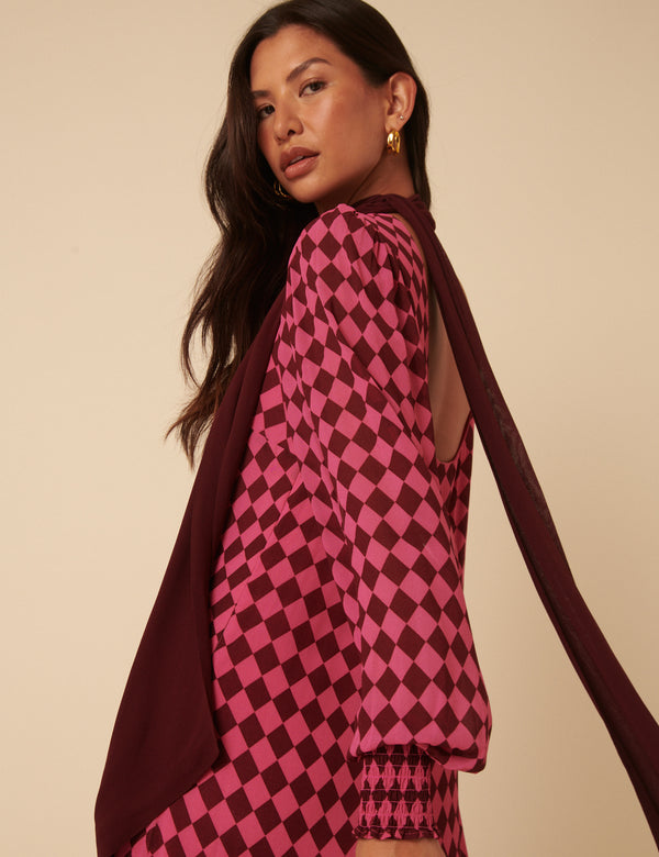 NC x Lisou Burgundy and Pink Printed Scarf Tiered Maxi Dress