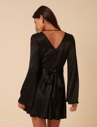 Black Satin Long Sleeve Stella Mini Dress