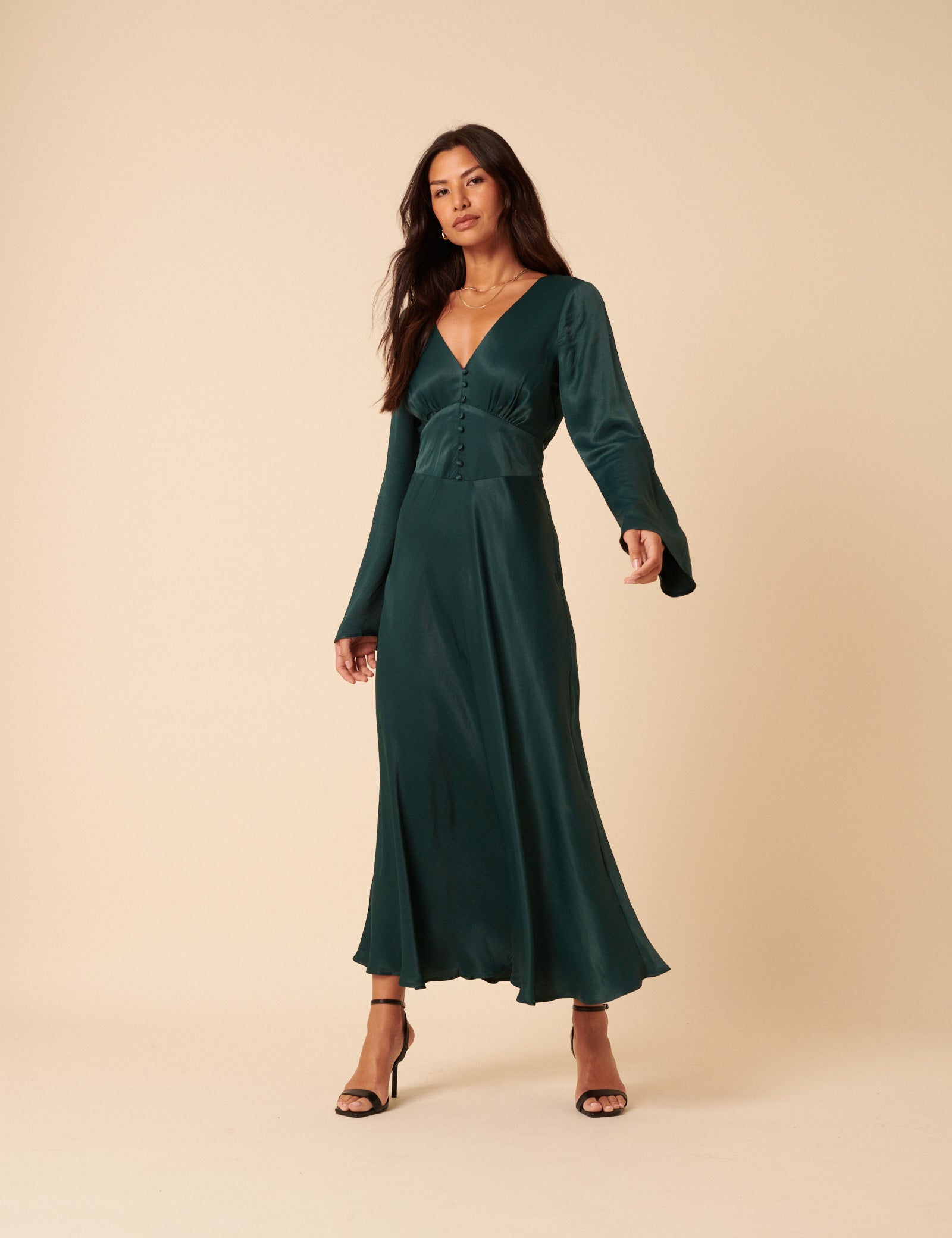 Satin Dresses Green Forest Green Satin Long Sleeve Stella Midi Dress Satin Dresses Green Forest Green Satin Long Sleeve Stella Midi Dress
