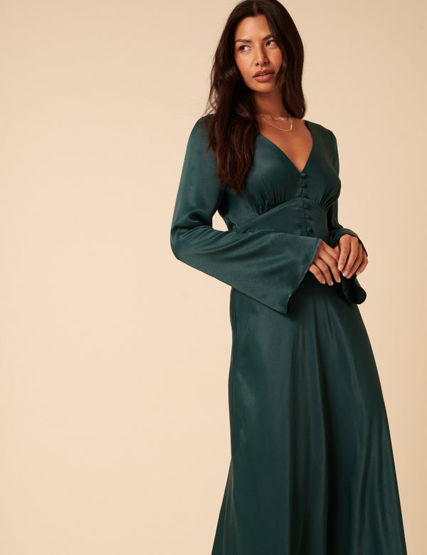 Forest Green Satin Long Sleeve Stella Midi Dress