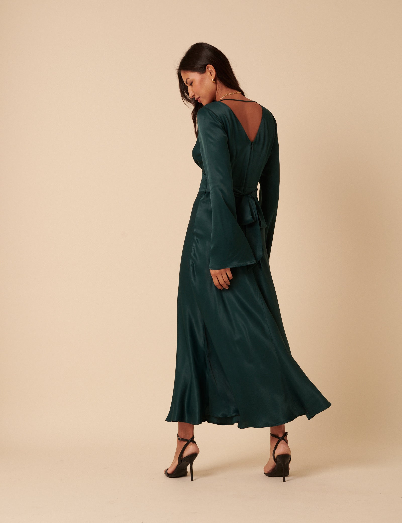 Forest Green Satin Long Sleeve Stella Midi Dress