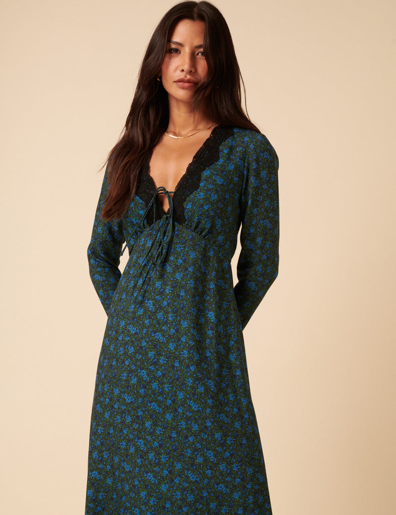 Blue & Green Floral Lace Aida Midi Dress