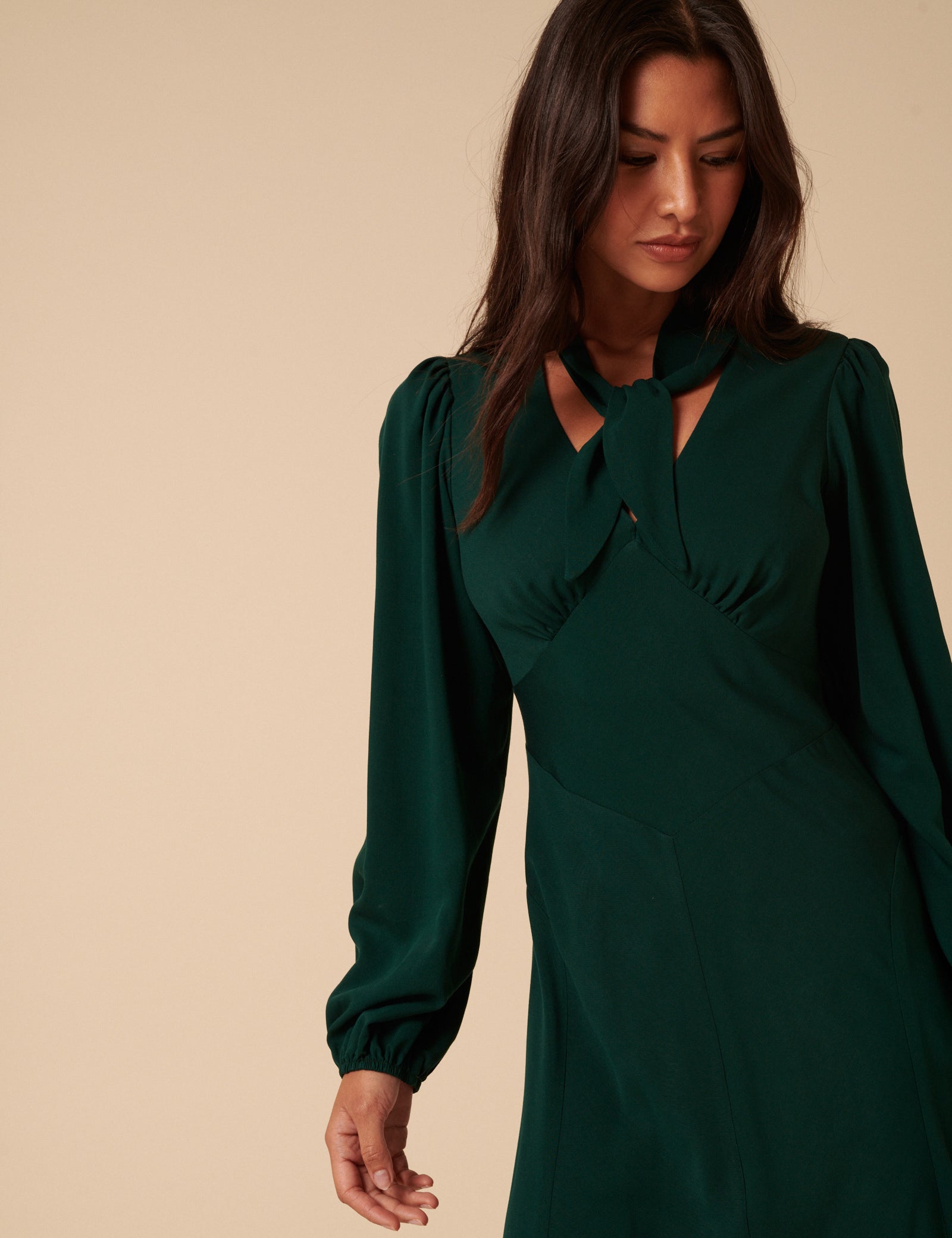 Forest Green Satin Balloon Sleeve Tie Neck Sadie Midi Dress Forest Green Satin Balloon Sleeve Tie Neck Sadie Midi Dress