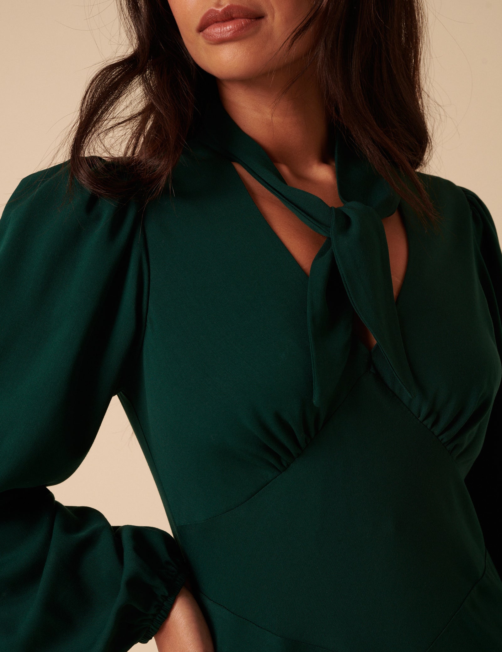 Forest Green Satin Balloon Sleeve Tie Neck Sadie Midi Dress Forest Green Satin Balloon Sleeve Tie Neck Sadie Midi Dress