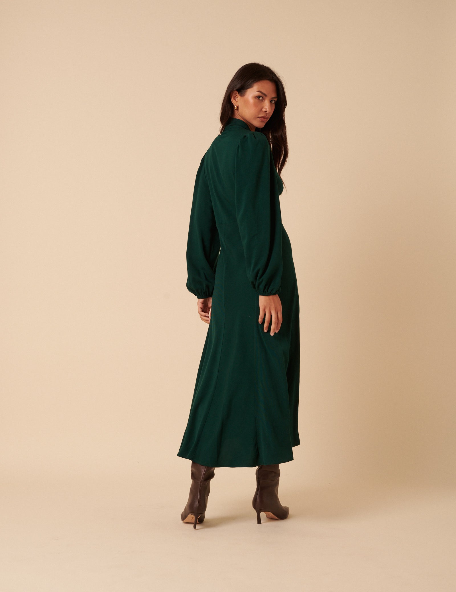 Forest Green Satin Balloon Sleeve Tie Neck Sadie Midi Dress Forest Green Satin Balloon Sleeve Tie Neck Sadie Midi Dress