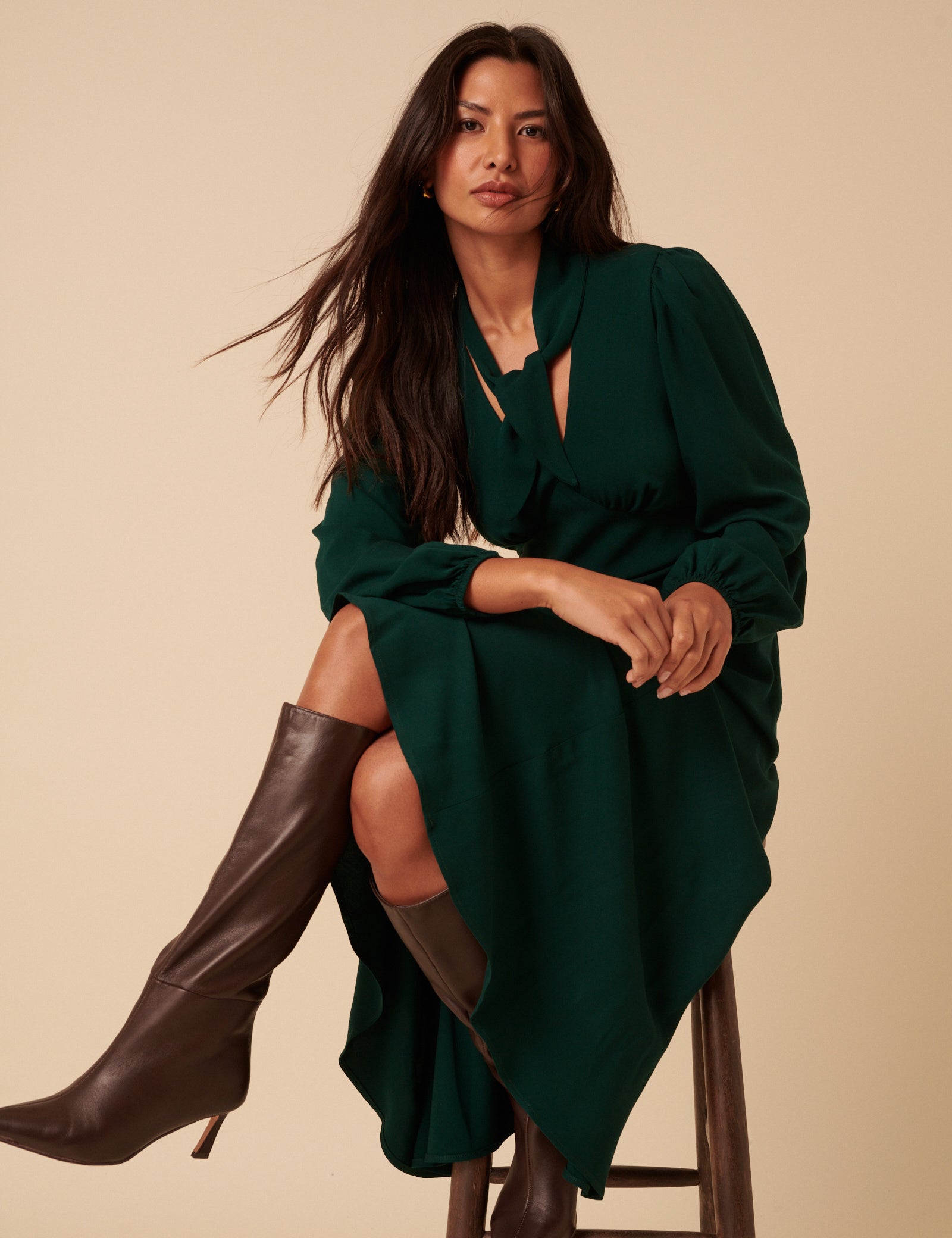 Forest Green Satin Balloon Sleeve Tie Neck Sadie Midi Dress Forest Green Satin Balloon Sleeve Tie Neck Sadie Midi Dress