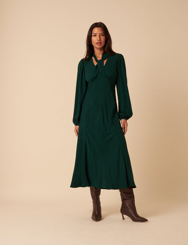 Forest Green Satin Balloon Sleeve Tie Neck Sadie Midi Dress