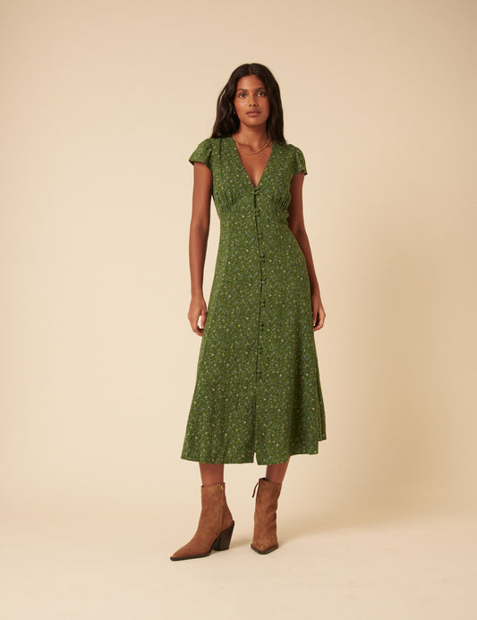 new look green ditsy dress Green Ditsy Floral Pliss Belted Midi Wrap Dress