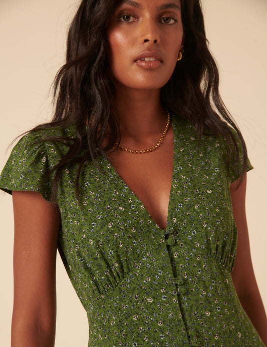 sage green ditsy floral dress Sage Ditsy Floral Smocked Waist Tie Bust Mini Dress main image 0