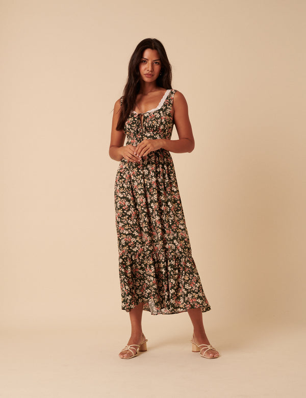 Green & Pink Floral Heather Midi Dress