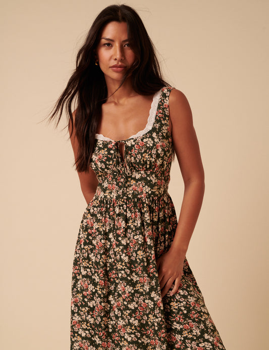 Green & Pink Floral Heather Midi Dress Green & Pink Floral Heather Midi Dress