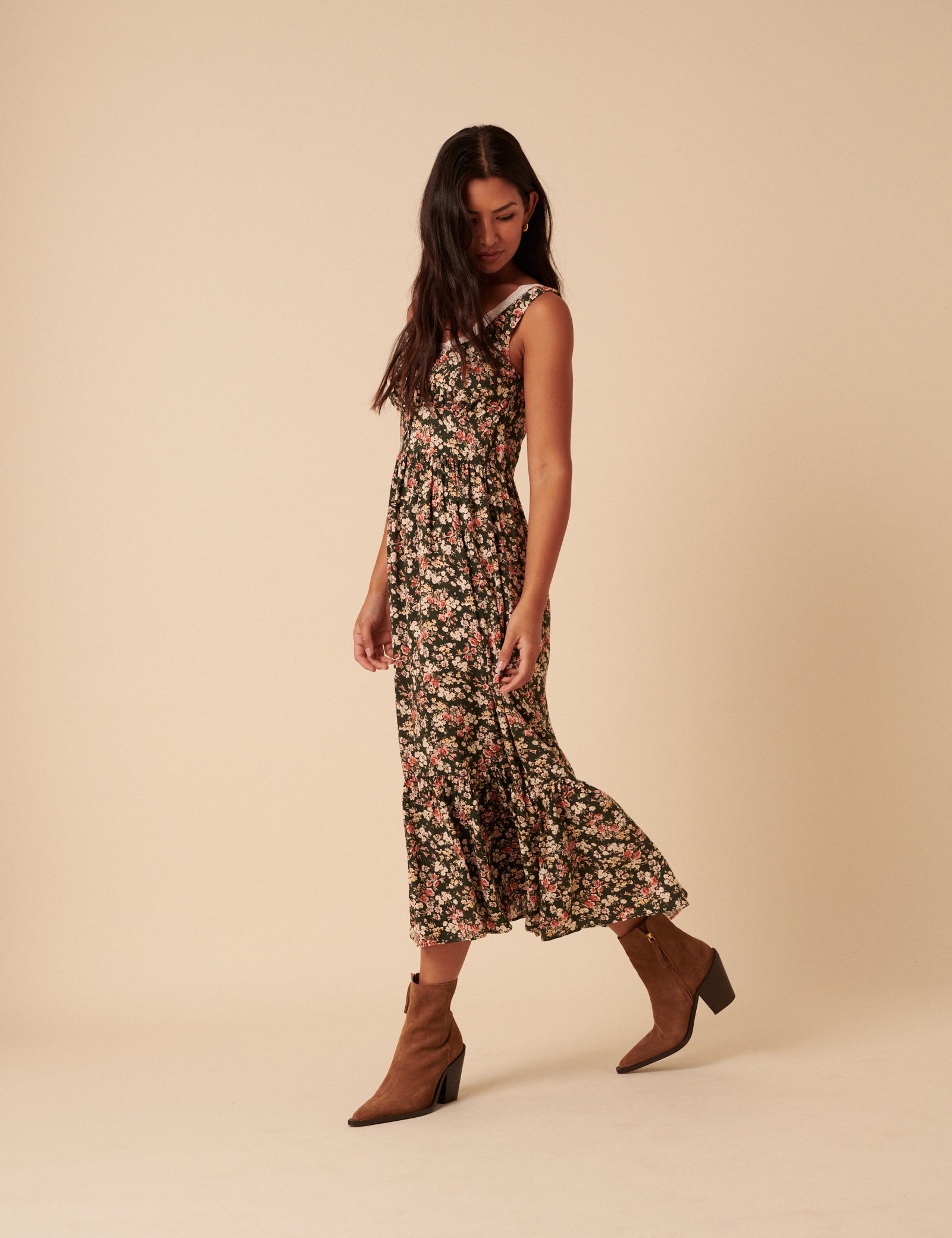 Green & Pink Floral Heather Midi Dress