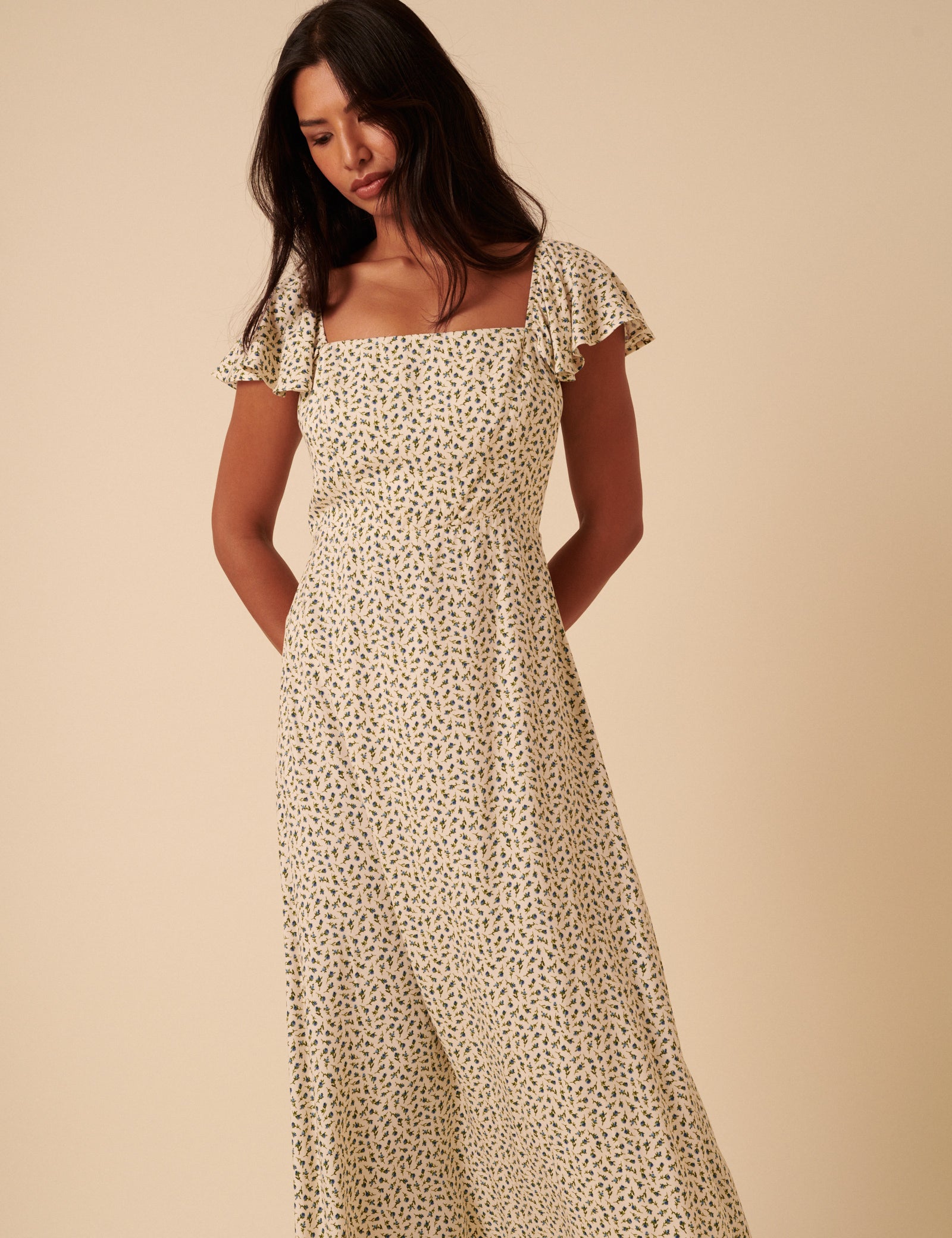 Cream Ditsy Floral Elsie Midi Dress