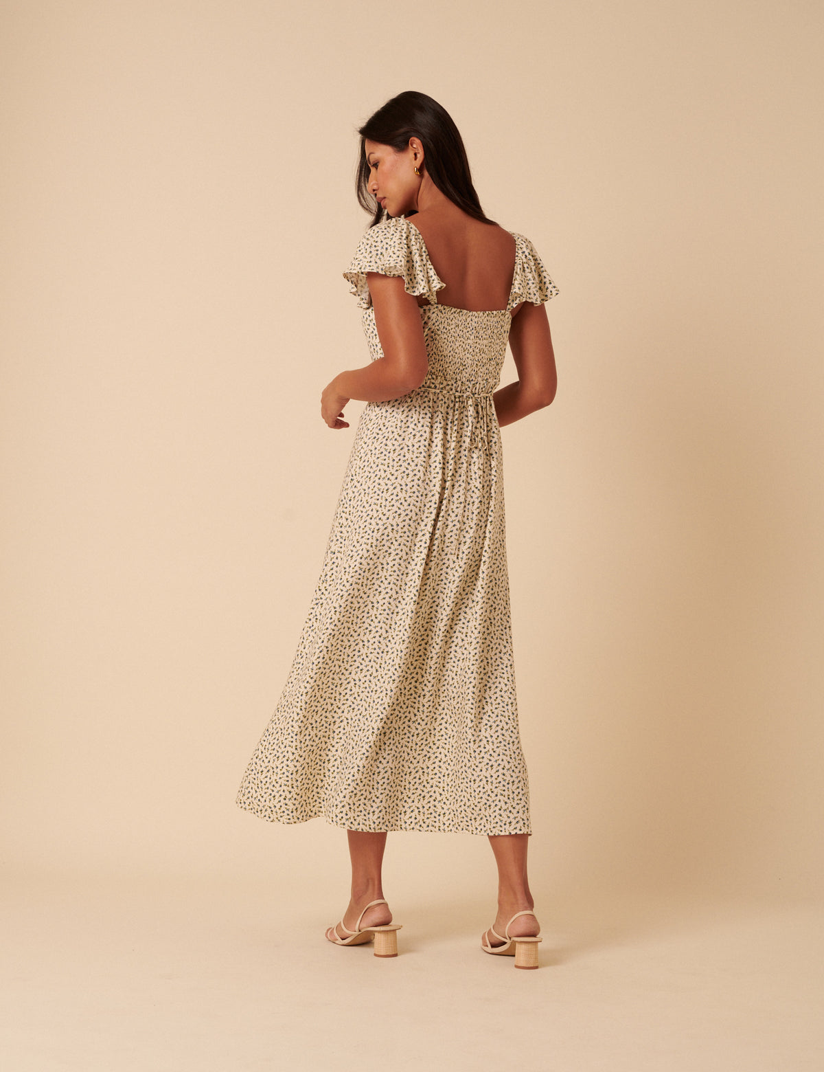Cream Ditsy Floral Short Sleeve Elsie Midi Dress