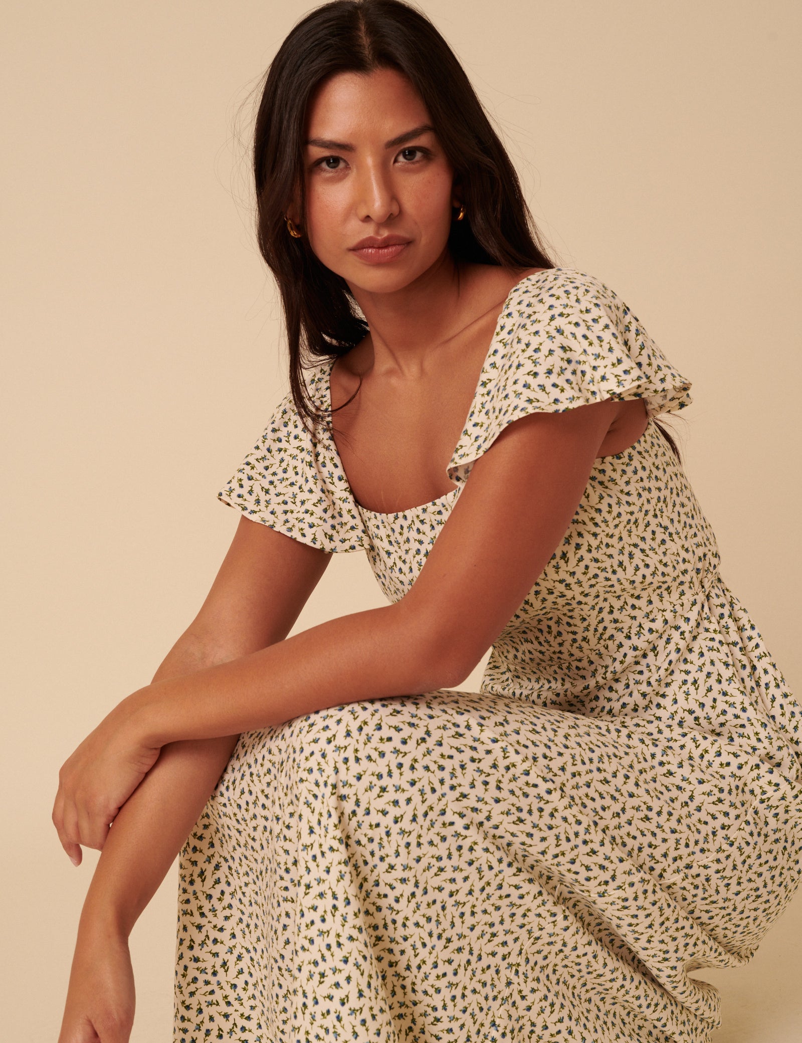 Cream Ditsy Floral Elsie Midi Dress