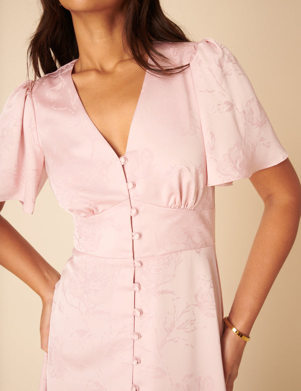 Soft Pink Floral Jaquard Bridesmaids Erin Midi Dress