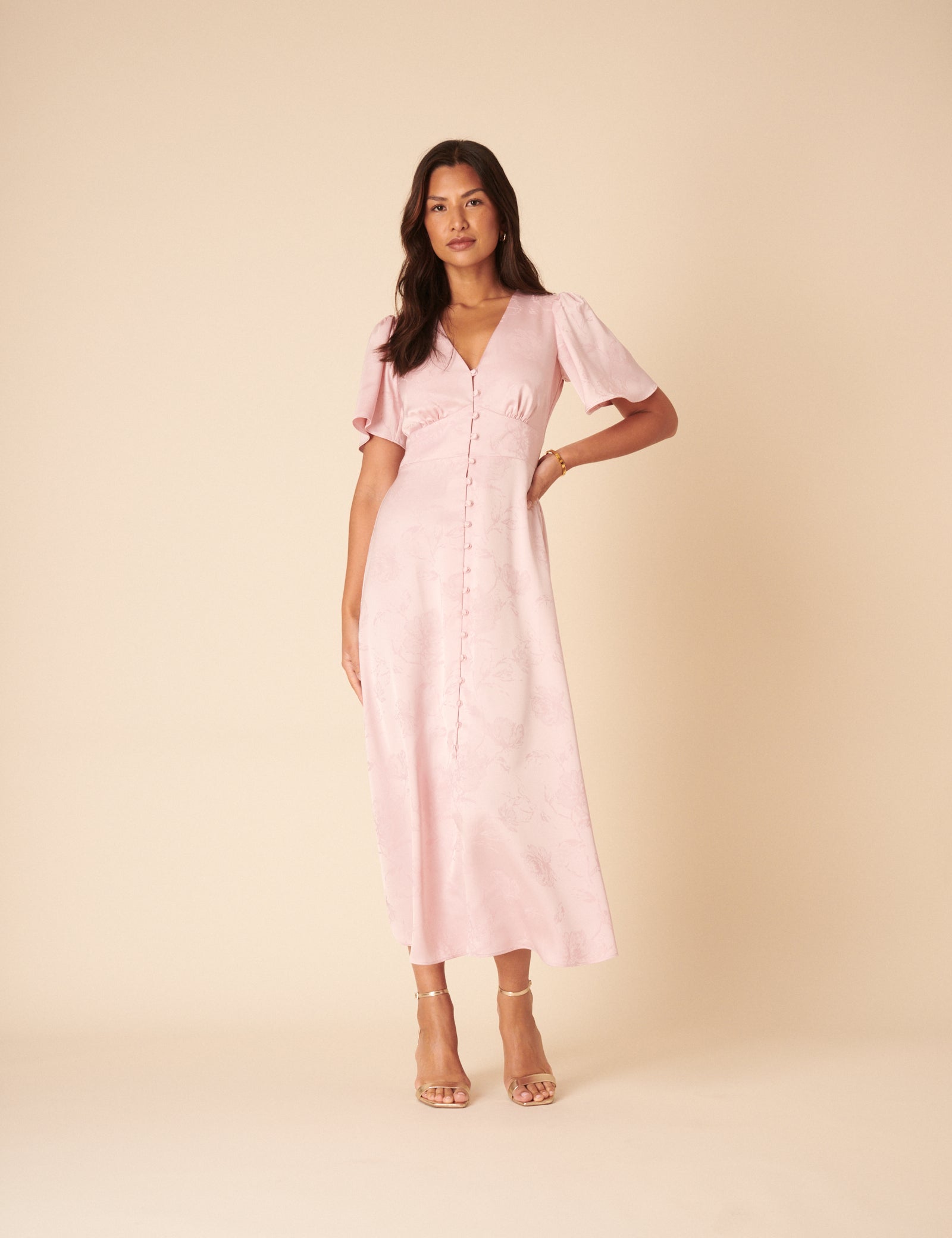 Soft Pink Floral Jaquard Bridesmaids Erin Midi Dress