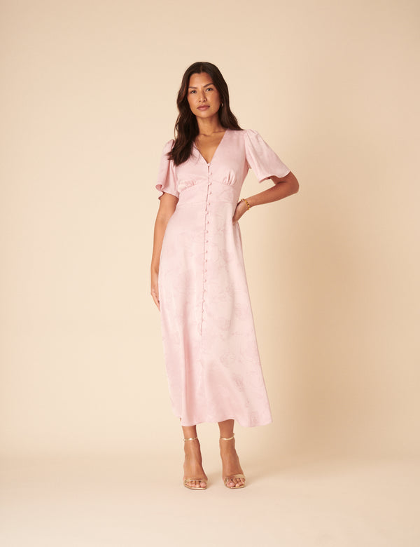 Soft Pink Floral Jaquard Bridesmaids Erin Midi Dress