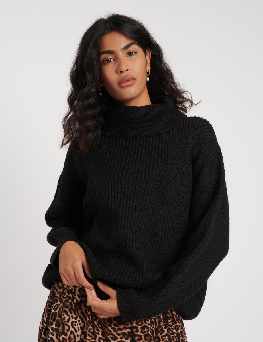 Black Roll Neck Longline Knitted Jumper - Main Image