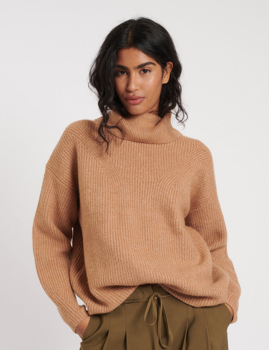 Camel Roll Neck Longline Knitted Jumper - Main Image