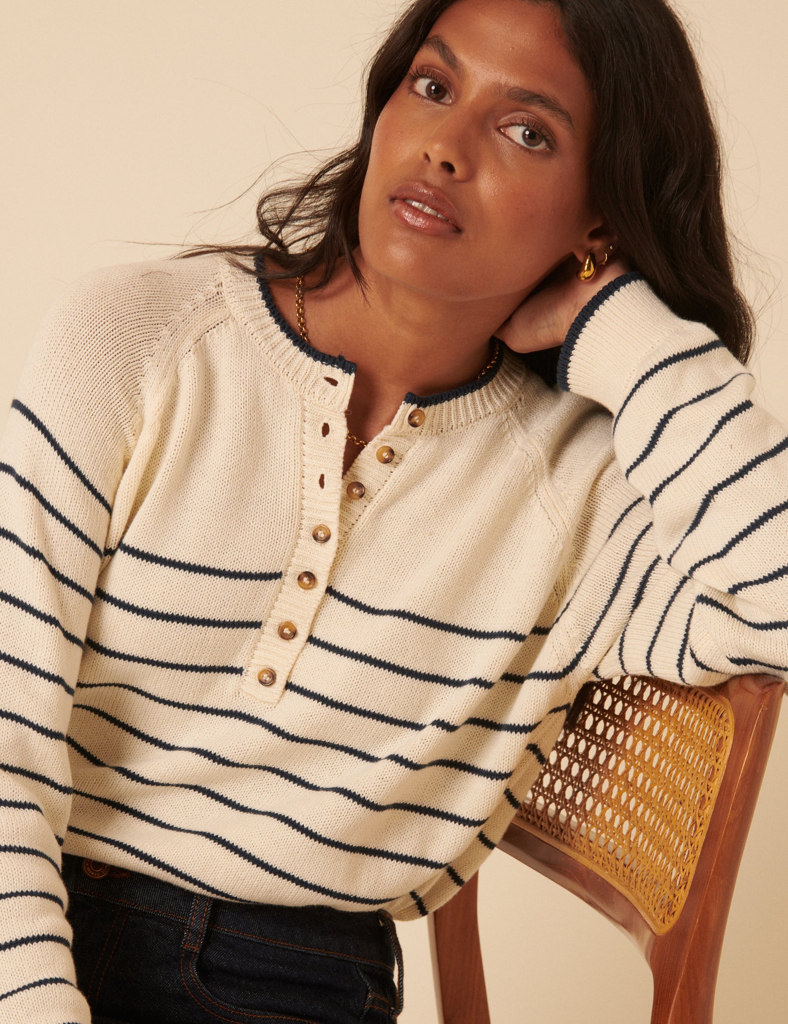Cream Knitted Striped Henley Jumper