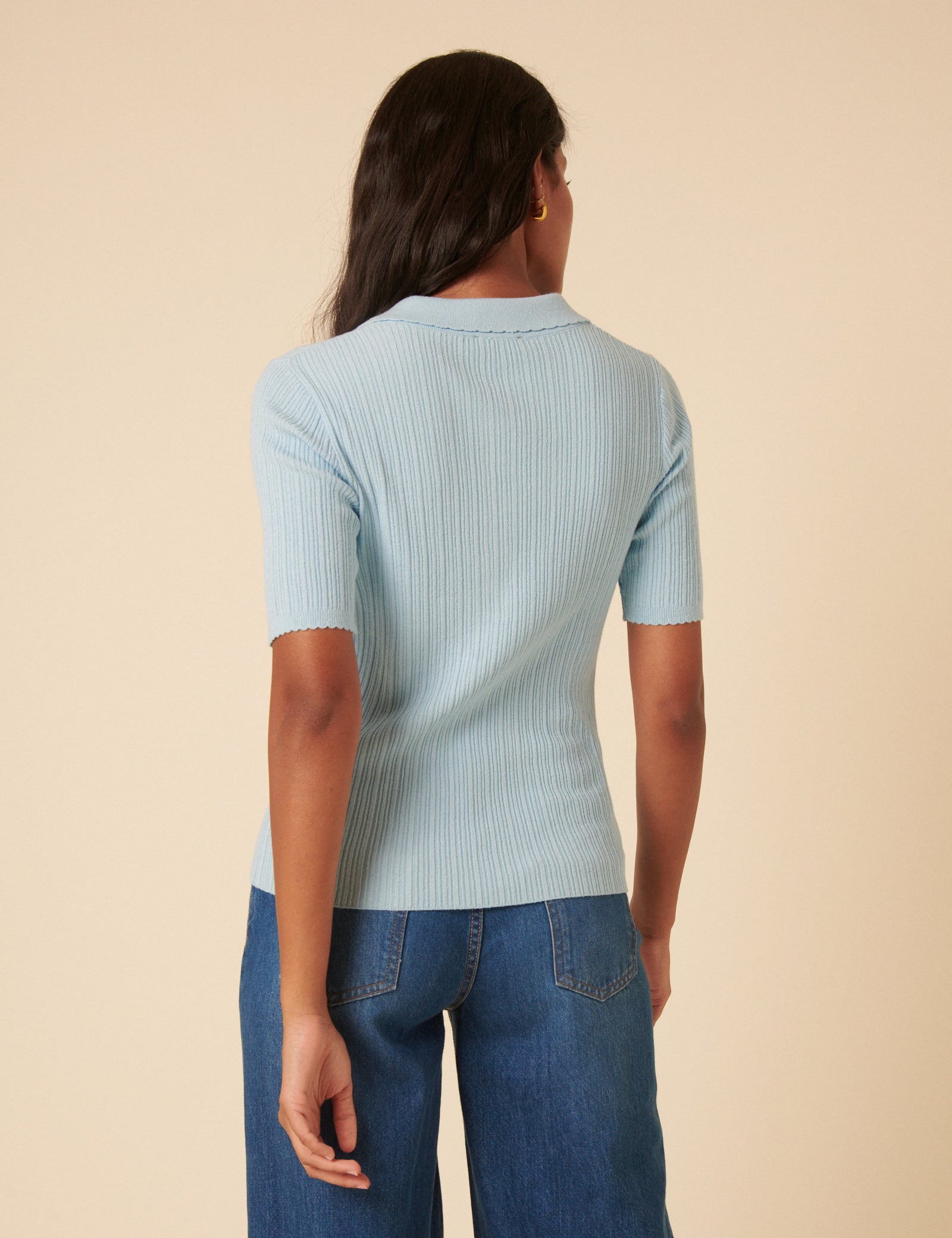 Blue Ribbed Polo Knitted Top