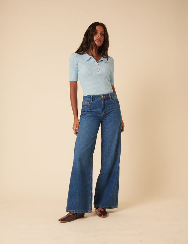 Blue Ribbed Polo Knitted Top