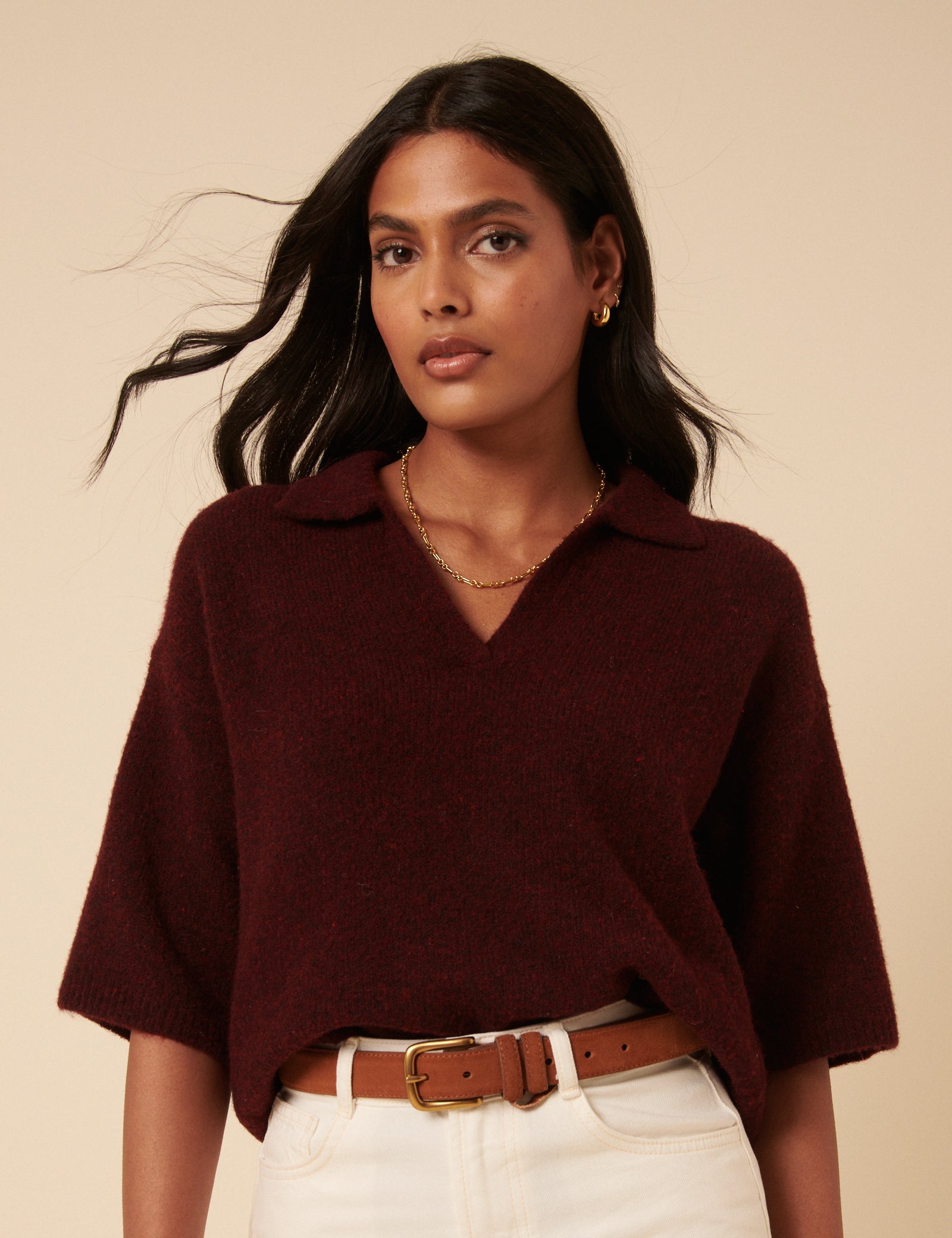 Burgundy Knitted Collar T-shirt