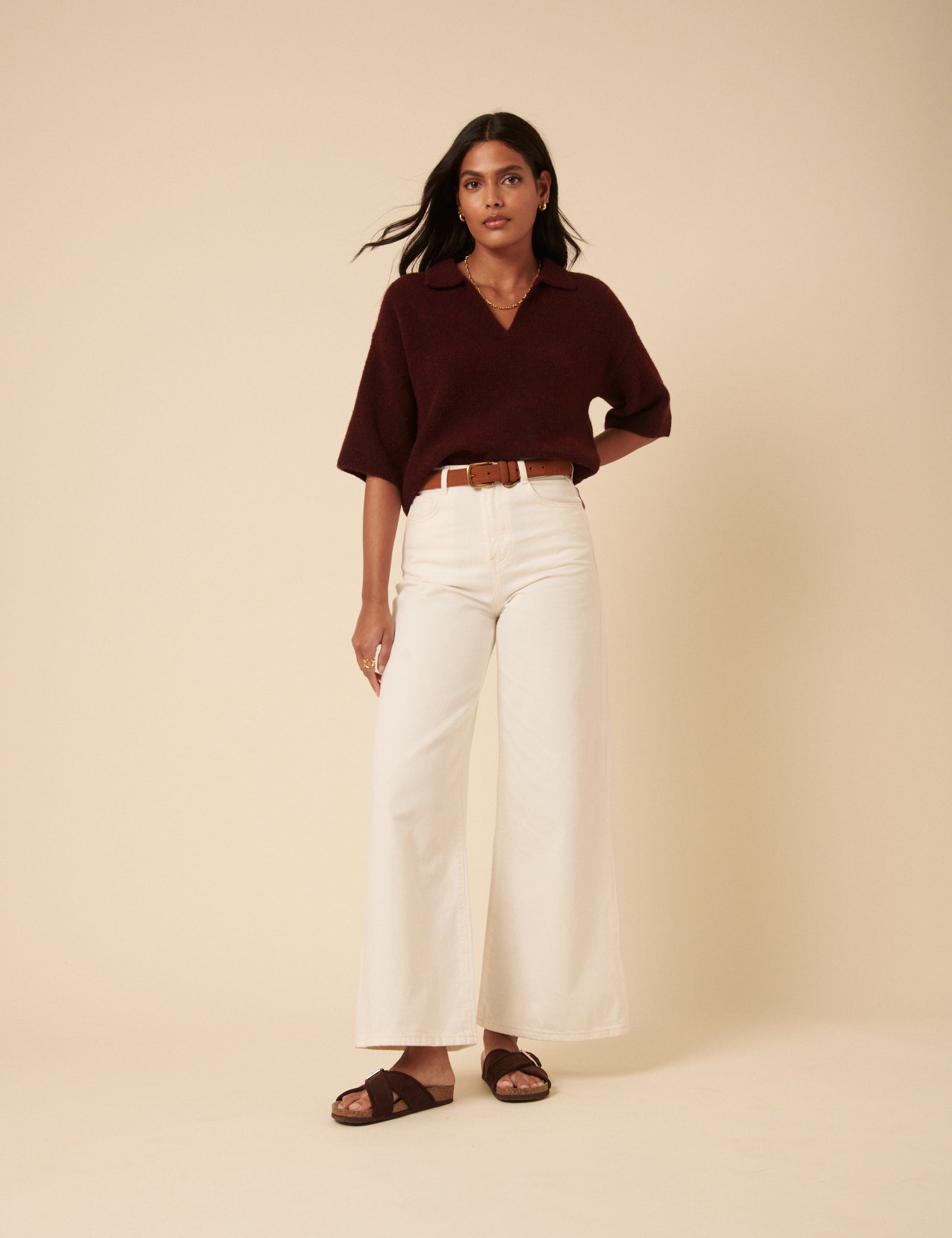 Burgundy Open Collar Polo Knitted T-Shirt