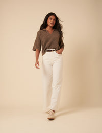 Brown Open Collar Knitted Short Sleeve Jumper