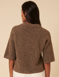 Brown Open Collar Knitted Short Sleeve Jumper
