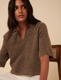 Brown Open Collar Knitted Short Sleeve Jumper