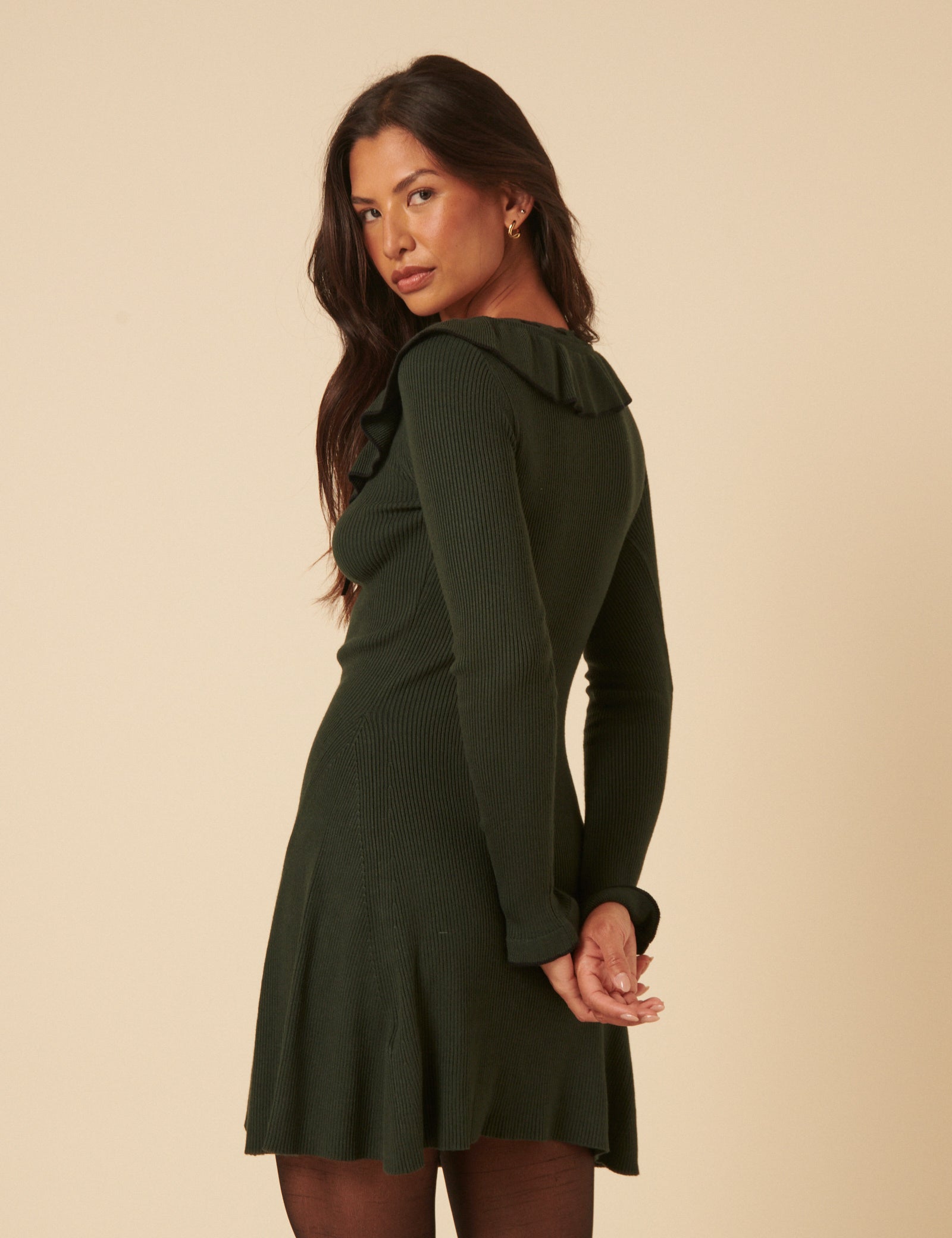 Green Collared Long Sleeve Knitted Mini Dress