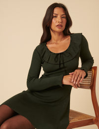 Green Collared Long Sleeve Knitted Mini Dress