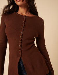 Brown Ribbed Longline Cardigan