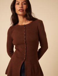 Brown Ribbed Longline Cardigan