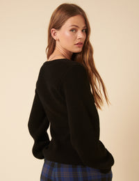 Black V-Neck Balloon Sleeve Cardigan