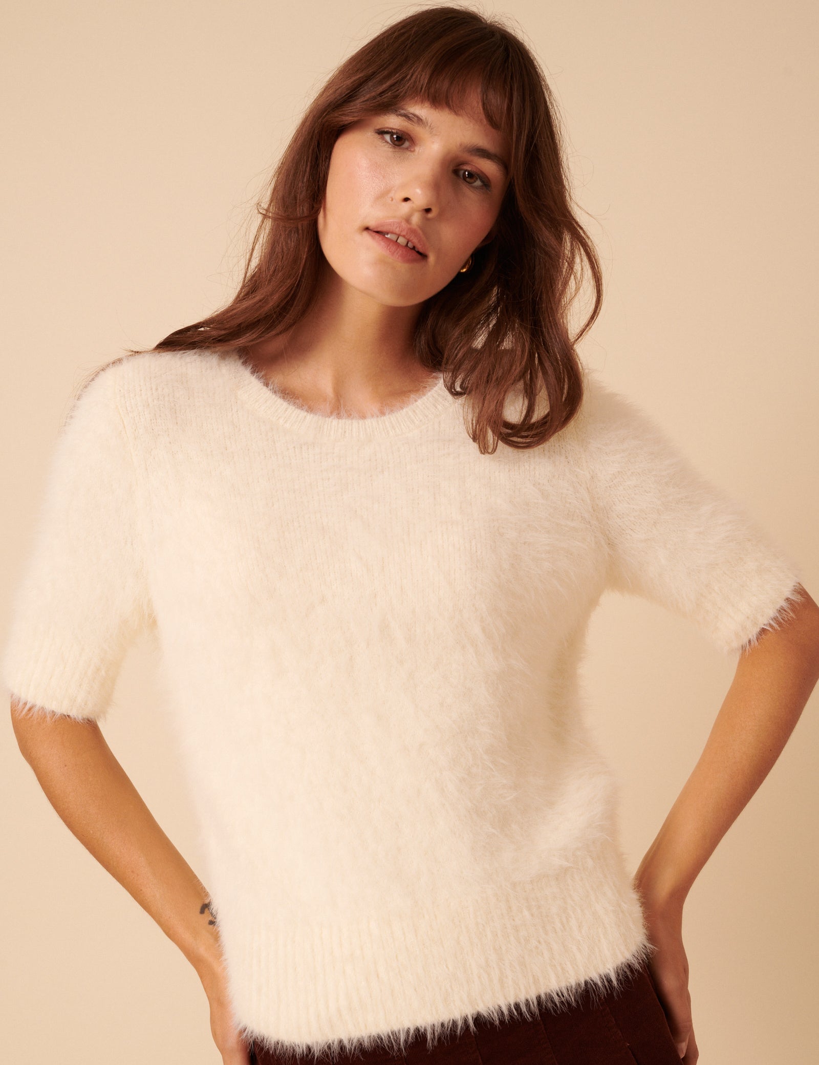Fluffy Jumper White Short Sleeve Jumper Ladies White Fluffy Short
