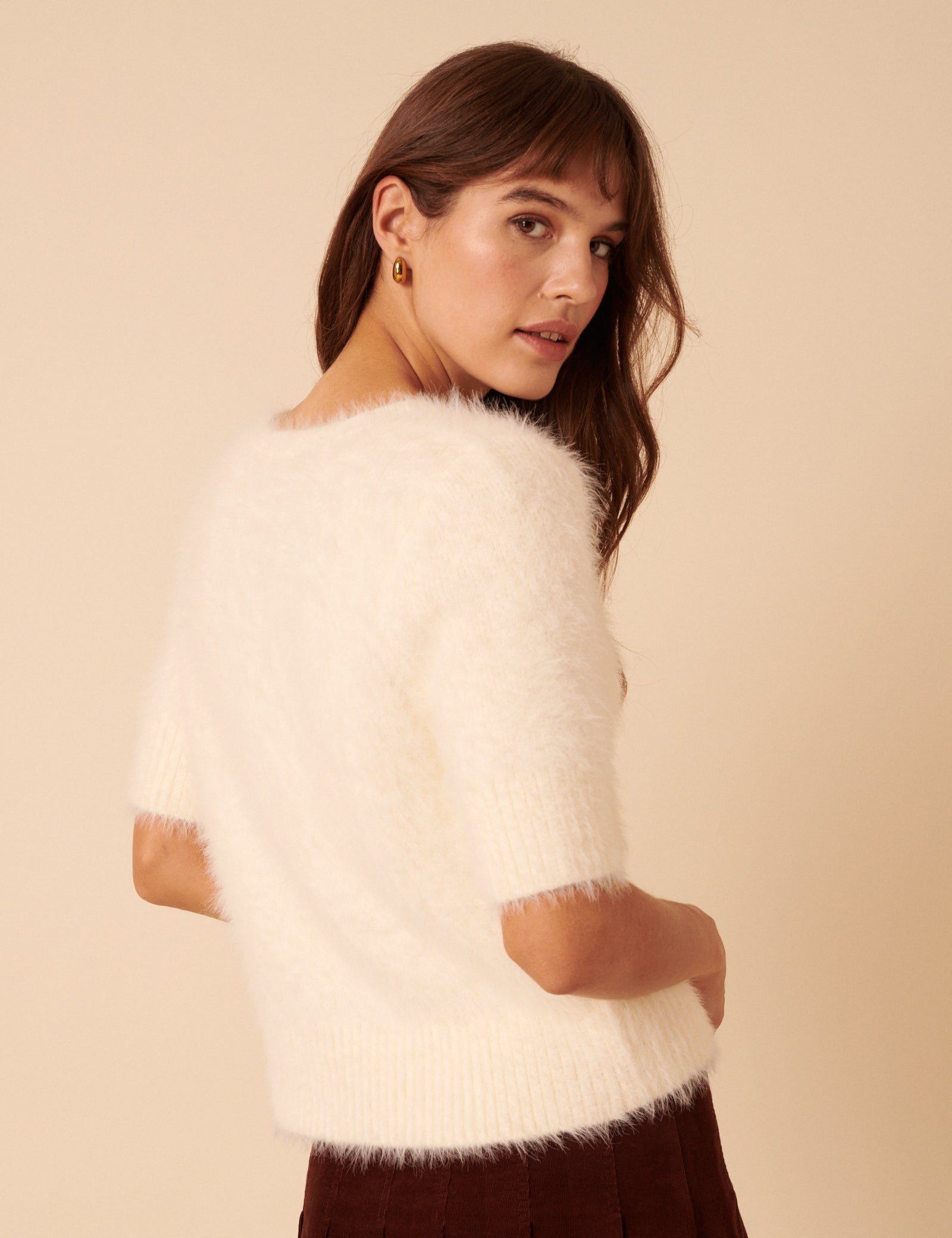 White Fluffy Short Sleeve Knitted Top