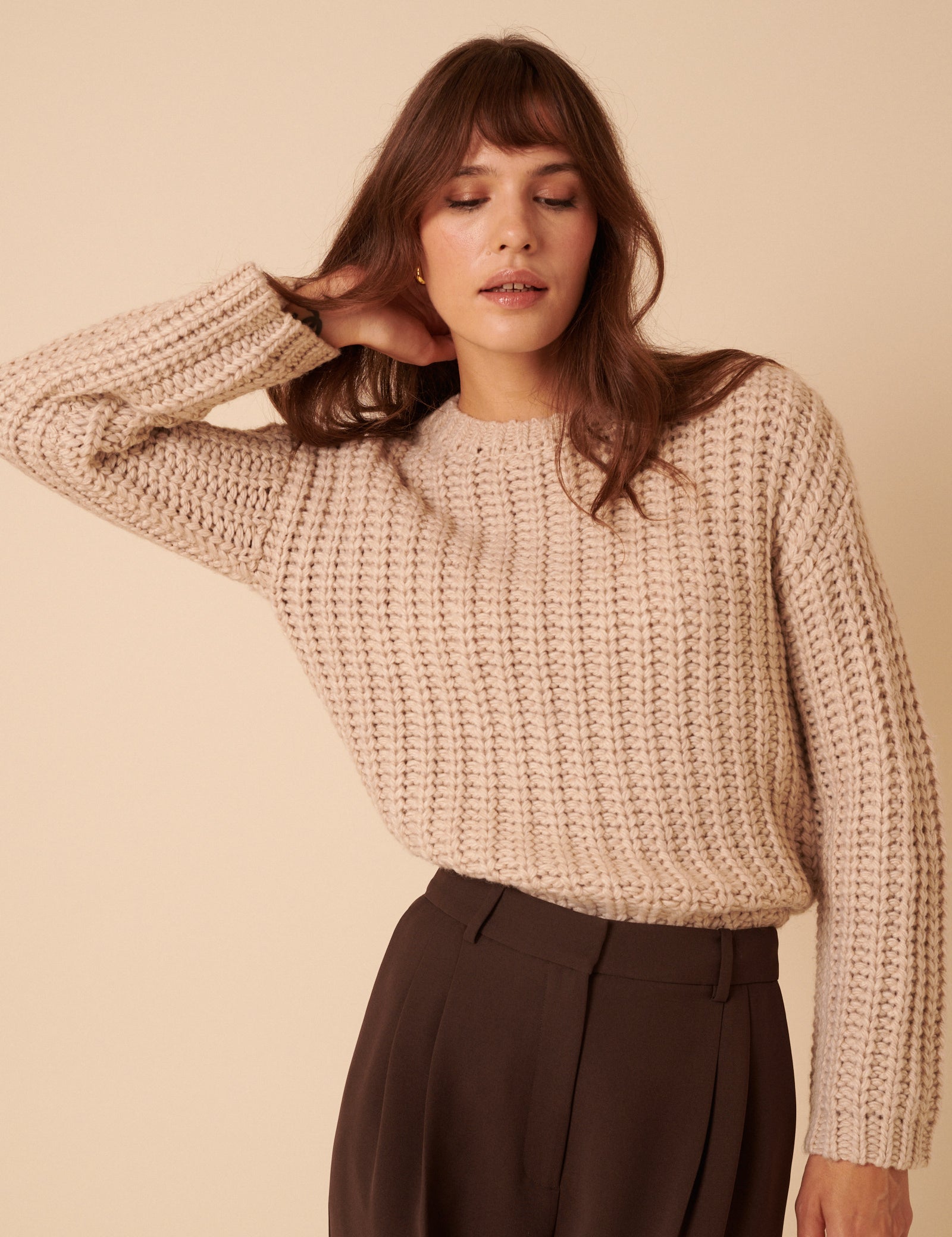 Beige Chunky Crew Neck Jumper