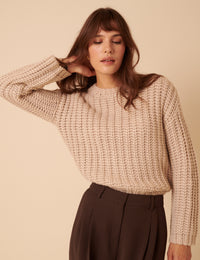 Beige Chunky Crew Neck Jumper