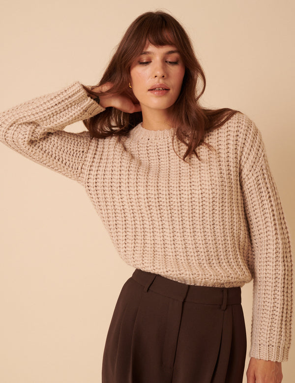 Beige Chunky Crew Neck Jumper