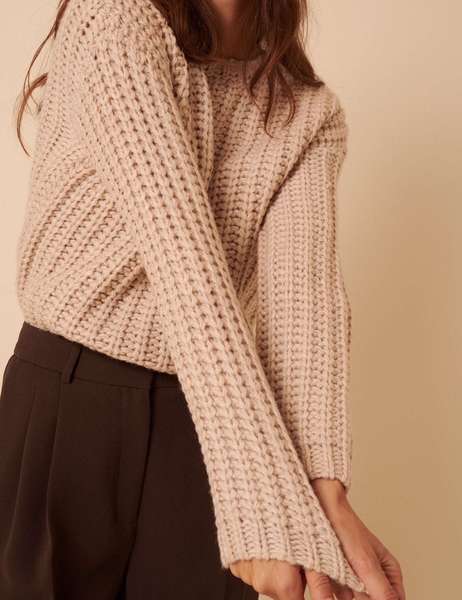 Beige Chunky Crew Neck Jumper